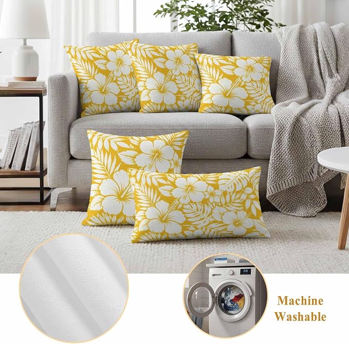 Yellow Hibiscus Flowers Waterproof Outdoor Pillow Covers Set of 2 Home Decor, Tropical Monstera Leaves Lumbar Pillowcase Patio Pillow Covers for Couch Bench Patio Furniture Garden 20x20in