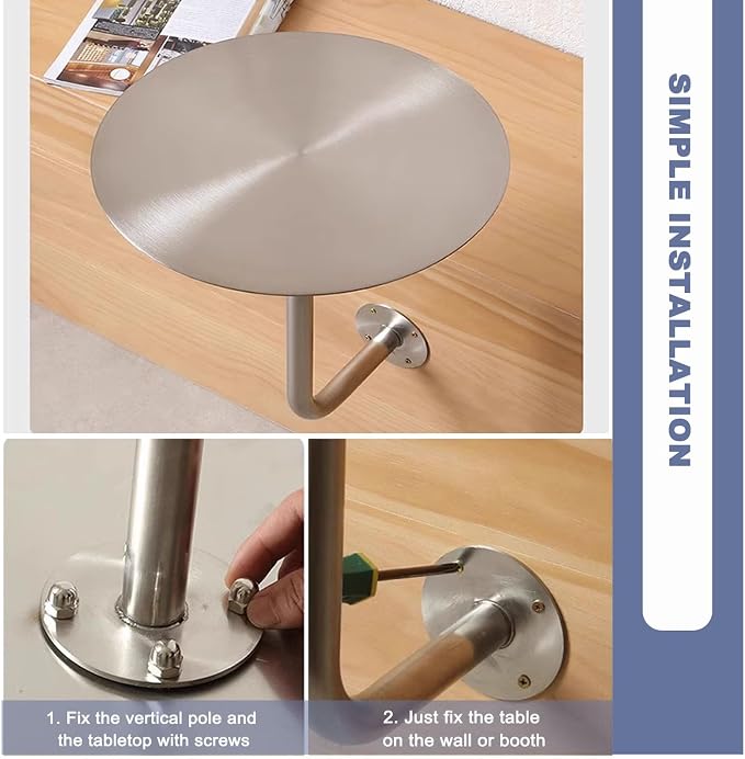 Silver Stainless Steel Round Bistro Table - Wall-Mounted Cocktail Table for Indoor/Outdoor Dining, Compact Design (19.7"x19.7"x17.7") - Perfect for Pubs & Bars