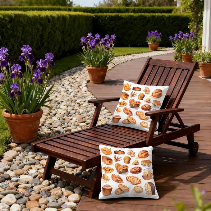 16x16 Inch Outdoor Pillow Covers Set of 2 Waterproof Throw Pillow Covers Decorative Couch Cushion Covers Bread Food Pattern Square Pillowcases Protectors for Patio Garden Sofa