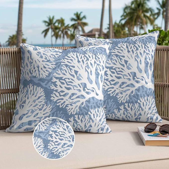 Outdoor Pillow Covers 18x18 Inch Set of 2, Lake Blue Coral Coastal Waterproof Throw Pillow Covers, Summer Beach Nautical Ocean Decorative Cushion Pillowcases for Couch, Sofa, Bed, Garden, Patio