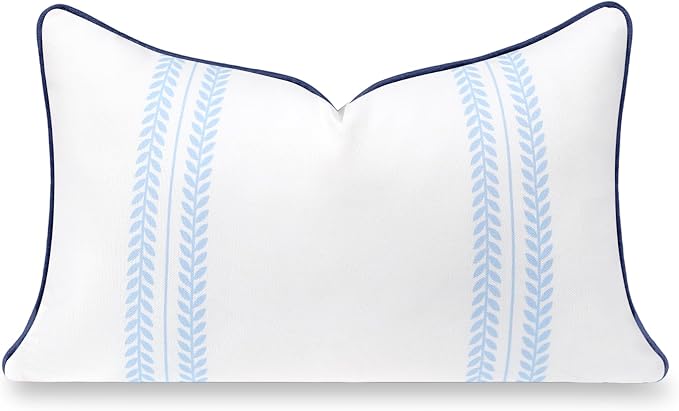 Hofdeco Premium Coastal Hampton Patio Indoor Outdoor Lumbar Pillow Cover Only, 12"x20" Water Repellent for Backyard, Couch, Poolside, Baby Blue Navy Print Leaf Striped
