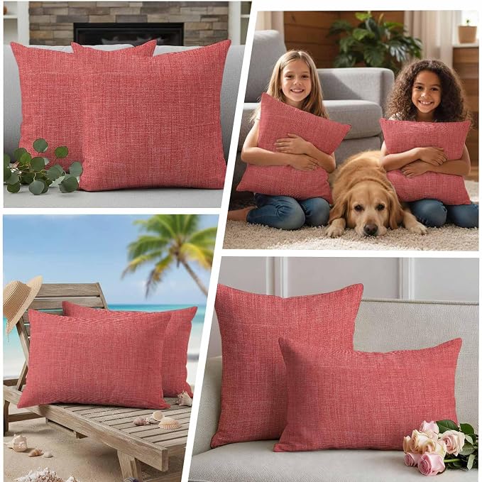 Outdoor Waterproof Throw Pillow Covers Set of 2 Coral Red Linen Pillowcases 26x26 Inches Farmhouse Pure Color Decorative Pillows Cushion Case Patio Pillows for Couch Bed Chair Garden