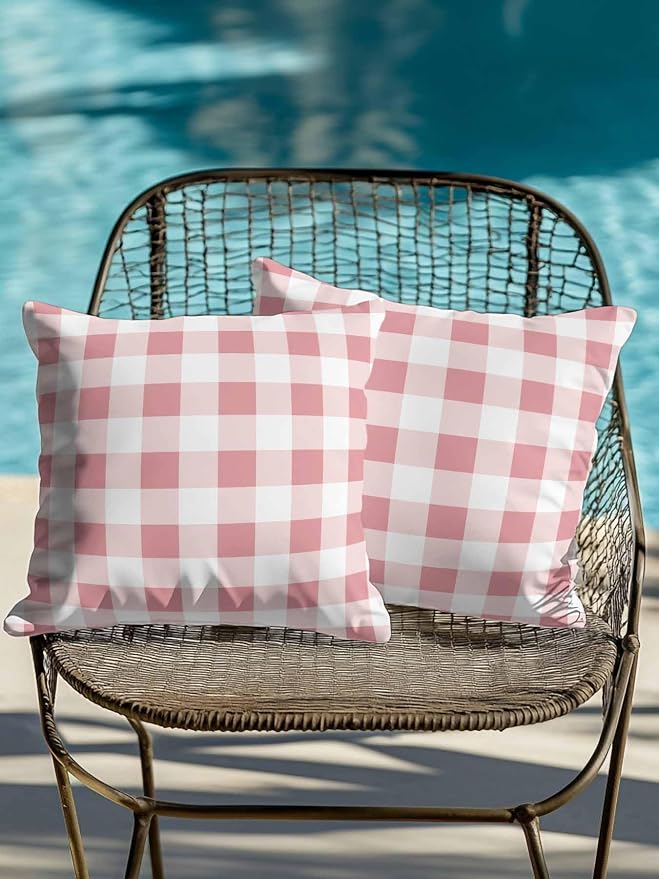 Waterproof Outdoor Pillow Set of 2 Pink Buffalo Plaid Decorative Throw Pillows Cover & Insert 18x18 Inch Pillowcase Check Lines Square Pillows for Couch Sofa Bed Patio Furniture Indoor Outdoor