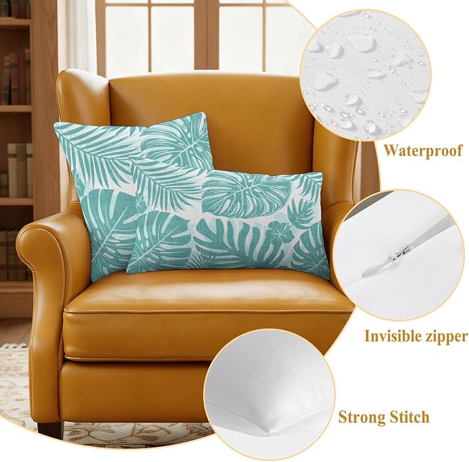 Aqua Teal Palm Leaves Outdoor Pillow Covers 24"x24" Set of 2, Tropical Botanical Minimalist Modern Waterproof Throw Pillow Covers for Patio Furniture, Decorative Cushion Covers for Porch