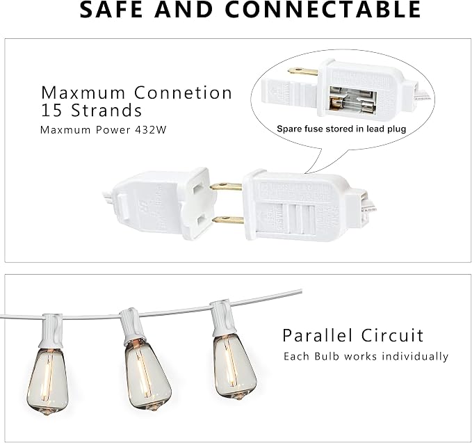 White Outdoor String Lights Waterproof 100FT Patio Lights for Wedding Yard | 100FT Connectable White Outside Lighting,52 Plastic Dimmable Edison Bulb for Backyard Bistro Porch Garden Gazebo Balcony Deck