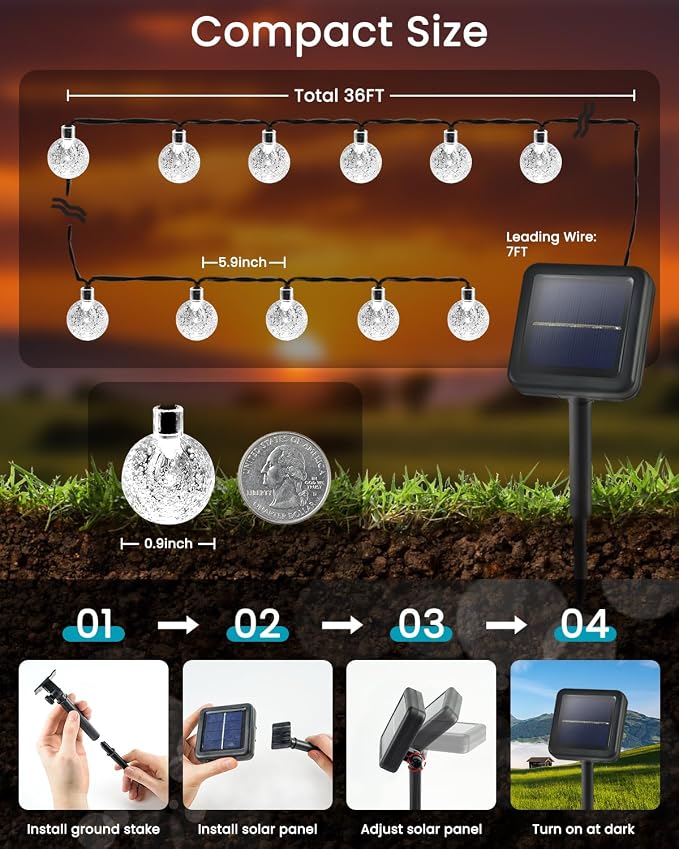 Solar String Lights Outdoor Waterproof 2 Pack 120 LED 72FT Patio Lights | White Crystal Globe, 8 Lighting Modes, Auto On/Off, Solar Powered String Light for Outside Yard Wedding Party Decorations