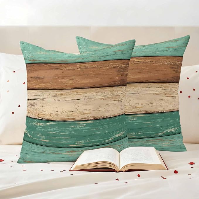 Farmhouse Teal Brown Outdoor Waterproof Pillow Covers, Vintage Wooden Striped Decorative Square Throw Pillowcase Sofa Cushion Sham for Patio/Couch/Chair, 26"x26" 2 Pack