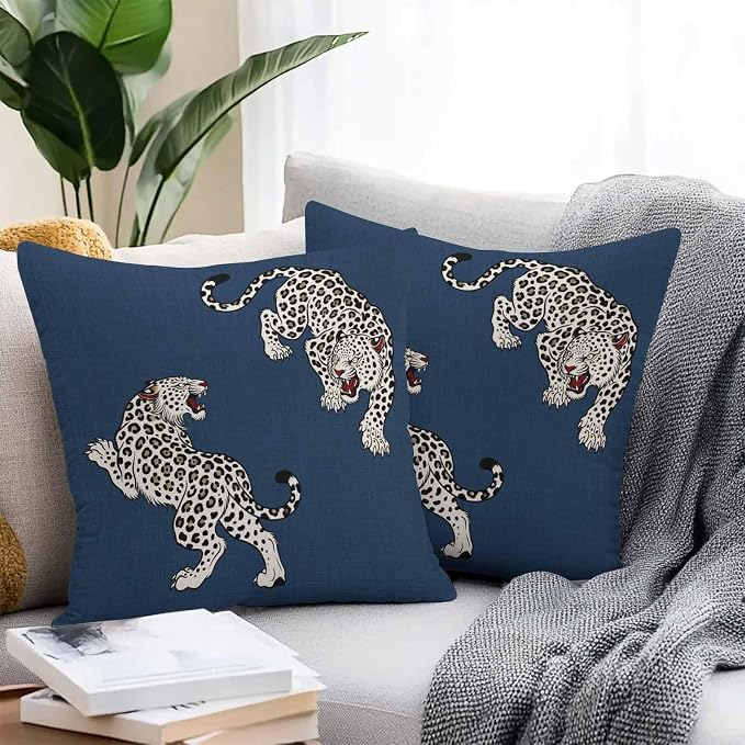 Navy Blue Leopard Outdoor Waterproof Pillow Covers Pack of 2, Modern Style Wild Animal Rustic Linen Texture Throw Pillowcases Decorative Cushion Covers for Garden Patio Tent Sofa Couch, 26x26 inch