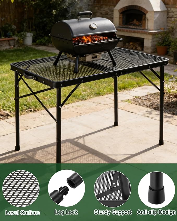 3 ft Folding Table with Adjustable Height, Camping Table with Carry Handle, Metal Mesh Table ,Portable Grill Table for Camping, Tailgating, BBQ, Picnic & Indoor, Fits 3–6 People, Supports 66 lb, Black