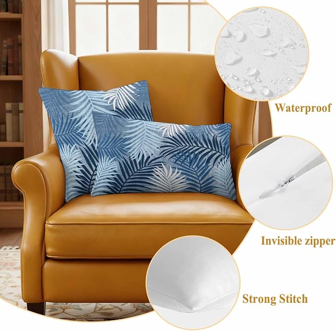 Outdoor Waterproof Throw Pillow Covers, Navy Blue Palm Leaves Decorative Pillow Cases, Summer Botanical Tropical Leaf Couch Pillow Protector Patio Sofa Cushion Covers Replacement 26"x26" 2 Pack