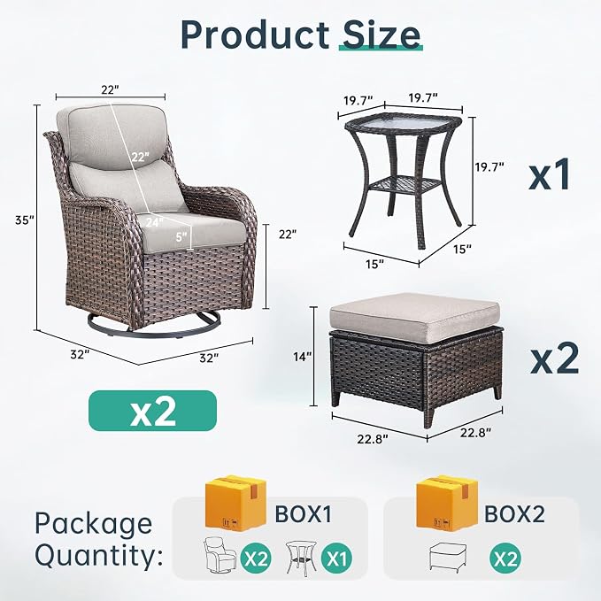 Outdoor Swivel Rocker Patio Chairs with 2 Ottomans - 5" Thick Cushion 5 Piece Furniture Set All Weather Wicker Conversation Set with Side Table for Porch Poolside and Deck - Brown/Beige