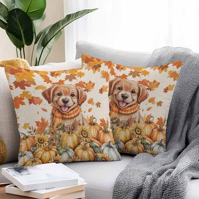 Orange Cute Dog Outdoor Waterproof Pillow Covers, Fall Pumpkins Maple Leaves Retro Pastoral Decorative Square Throw Pillowcase Sofa Cushion Sham for Patio/Couch/Chair, 18"x18" 2 Pack
