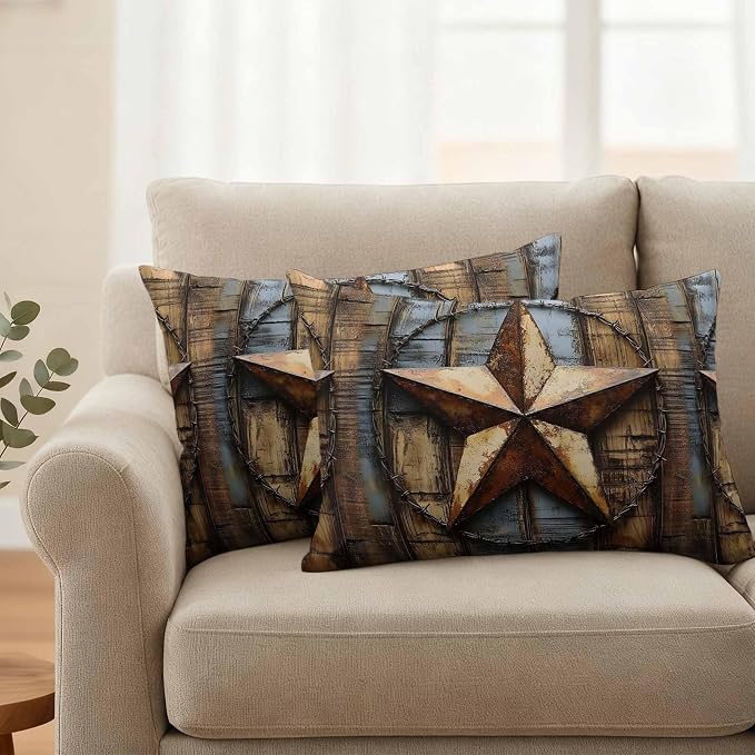 Rustic Star Brown Waterproof Outdoor Pillow Covers Set of 2 Home Decor, Vintage Farmhouse Wooden Grain Art Pillowcase Patio Pillow Covers for Couch Bench Furniture Garden 20x12in