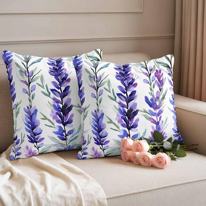 Outdoor Waterproof Pillow Covers 16x16Inch Spring Purple Lavender Throw Pillowcases for Patio Garden Couch Sofa Watercolor Floral Art Decorative Cushin Case,Pack of 2