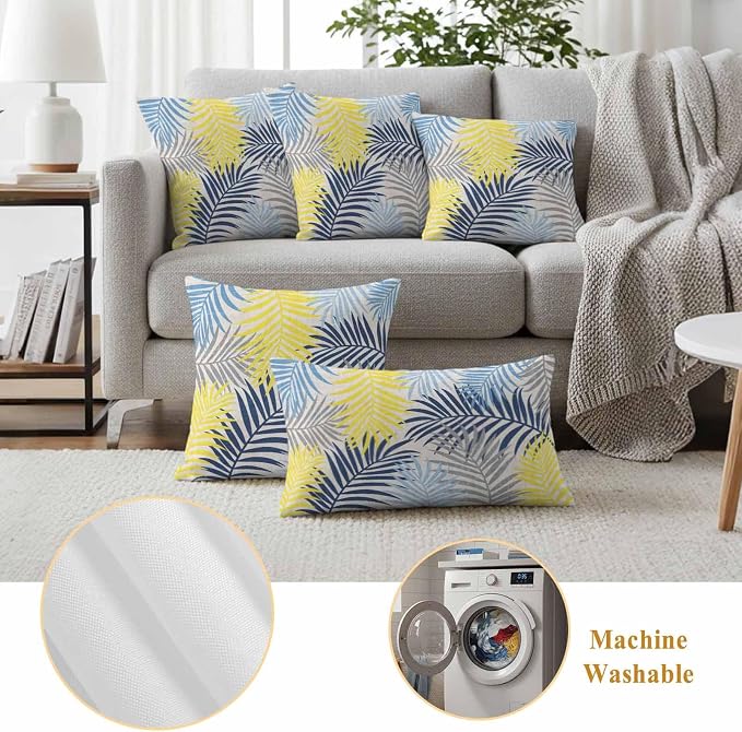 Yellow Blue Palm Leaves Outdoor Pillow Covers 18"x18" Set of 2, Summer Botanical Vintage Tropical Leaf Rustic Waterproof Throw Pillow Covers for Patio Furniture, Decorative Cushion Covers for Porch