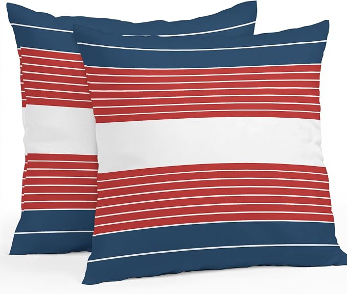 Navy Blue Red Stripe Outdoor Pillow Covers Waterproof, All Weather Cushion Case Set of 2, Modern Art Horizontal Striped Decorative Pillowcases for Sofa Couch Bed Decor Patio Furniture 18"x18"