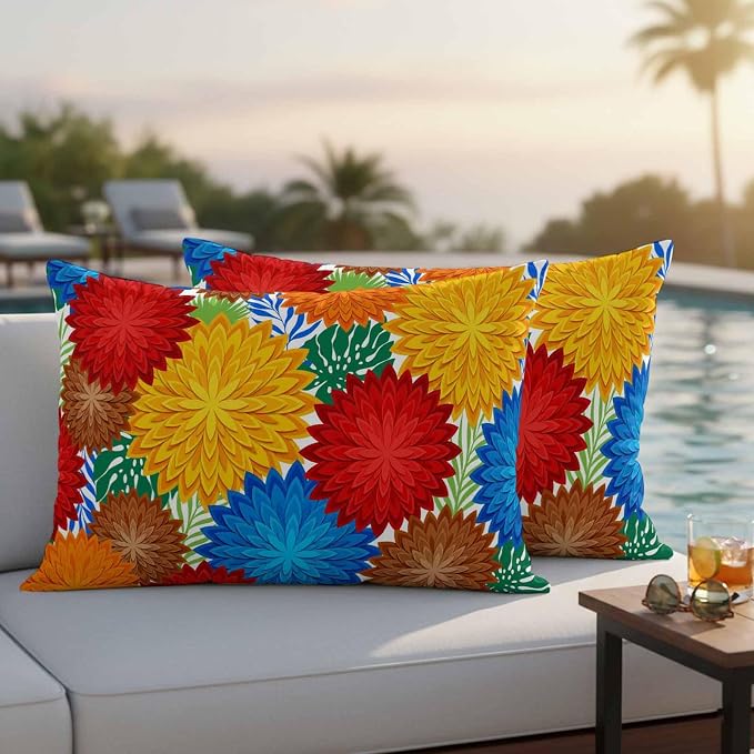 Red Yellow Blue Flowers Outdoor Pillow Covers Waterproof, All Weather Cushion Case Set of 2, Boho Colorful Floral Plant Lumbar Pillowcase for Sofa Couch Bed Decor Patio Furniture 20"x12"