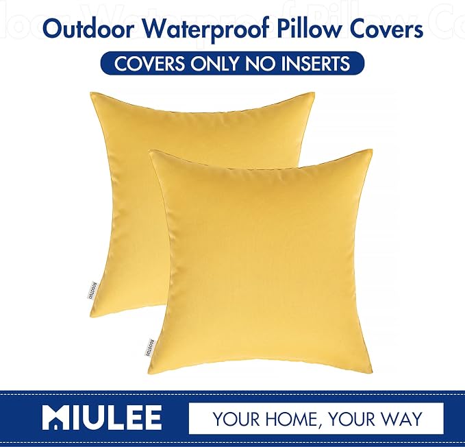 MIULEE Pack of 2 Decorative Outdoor Waterproof Pillow Covers 18x18 Inch Yellow with 2 Packs of Outdoor Pillow Inserts