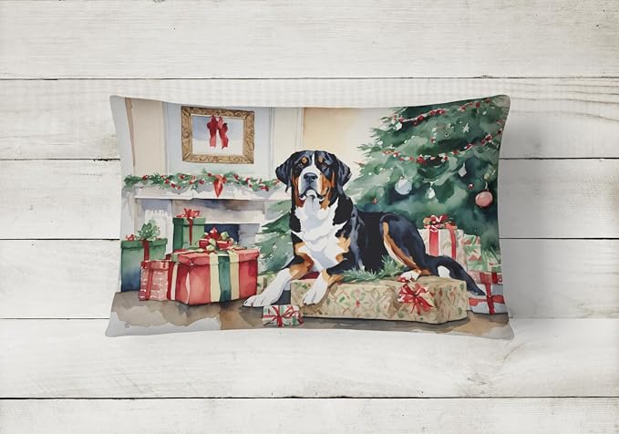 Caroline's Treasures DAC2673PW1216 Greater Swiss Mountain Dog Cozy Christmas Throw Pillow Machine Washable, Indoor Outdoor Decorative Pillow for Couch, Bed or Patio, 12HX16W