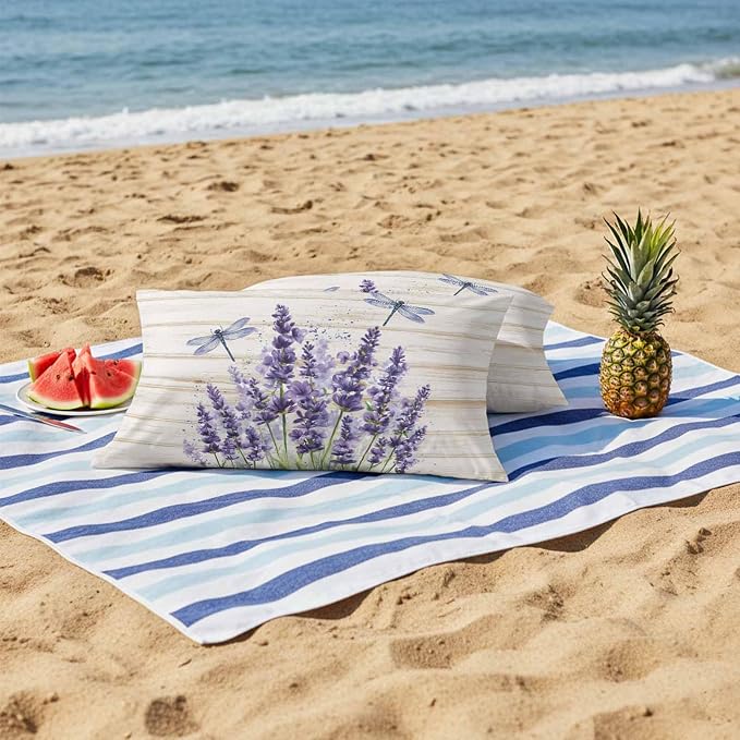 Outdoor Waterproof Throw Pillow Covers Set of 2 Lavender Flower Lumbar Pillowcases 20x12 Inches Purple Floral Dragonfly Wood Decorative Pillows Cushion Case Patio Pillows for Couch Bed Chair Garden