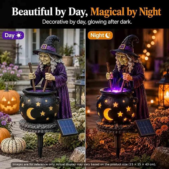 Solar Witch & Glowing Cauldron Halloween Garden Light ，3pc | Solar-powered Halloween Solar Light with glowing cauldron, automatic dusk lighting for garden, porch and pathway décor.