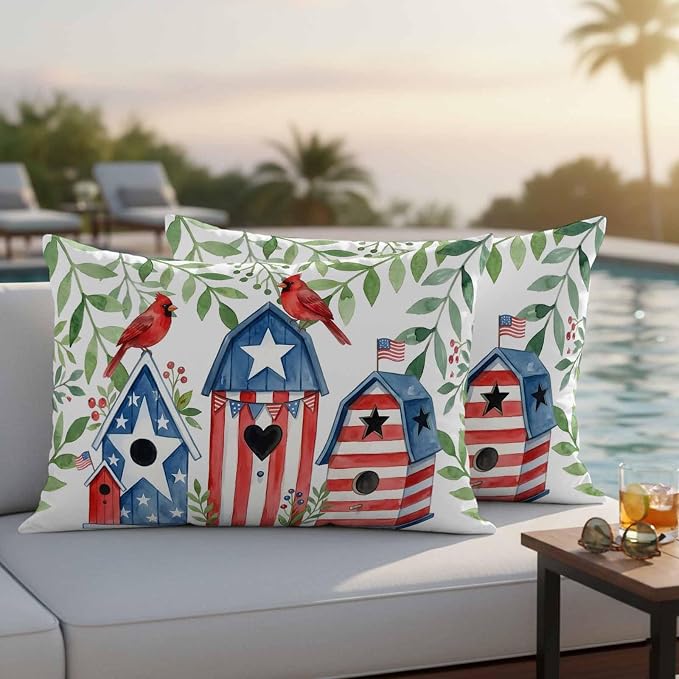 American Flag Bird House Outdoor Pillow Covers Waterproof, All Weather Cushion Case Set of 2, Green Eucalyptus Leaves 250th Lumbar Pillowcase for Sofa Couch Bed Decor Patio Furniture 20"x12"