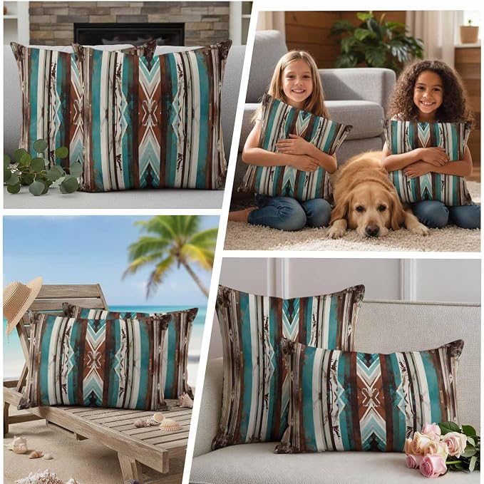 Ethnic Tribal Stripes Outdoor Pillow Covers 16"x16" Set of 2, Retro Vintage Geometric Teal Brown Stripes Waterproof Throw Pillow Covers for Patio Furniture, Decorative Cushion Covers for Porch