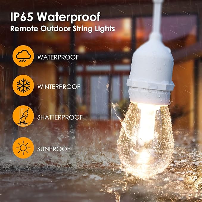 144FT(3x48FT) 3 Colors LED Outdoor String Light with Remote, White | Plug in, Jump/Fade/Static Modes, 2700K/4000K/5000K, 45+3 S14 Bulbs, Waterproof, Dimmable, Connectable, for Bistro Christmas