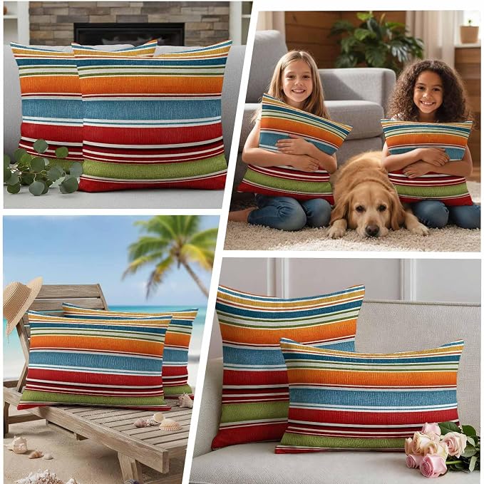 Yukro Color Striped Outdoor Waterproof Pillow Covers Pack of 2, Orange Blue Red Green Stripes Abstract Modern Throw Pillowcases Decorative Cushion Covers for Garden Patio Tent Sofa Couch, 20x12 inch