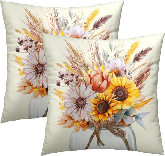 Autumn Flower Throw Pillow Covers 16 x 16 Inches Set of 2,Sunflower Daisy Wheat Floral Leaves Mason Jar Fall Farmhouse Decor Pillowcase Cushion Cover for Home Sofa Bedroom Car