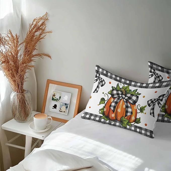 Orange Pumpkins Outdoor Waterproof Pillow Covers, Polka Dot Bow Fall Maple Leaves Plaid Decorative Rectangle Throw Pillowcase Sofa Cushion Sham for Patio/Couch/Chair, 20"x12" 2 Pack