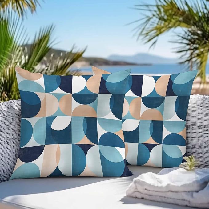 Vandarllin Outdoor Throw Pillows Covers 20x20 inch Set of 2 Waterproof Mid Century Geometric Decorative Zippered Cushion Covers for Patio Furniture, Abstract Modern Blue Lumbar Pillowcases