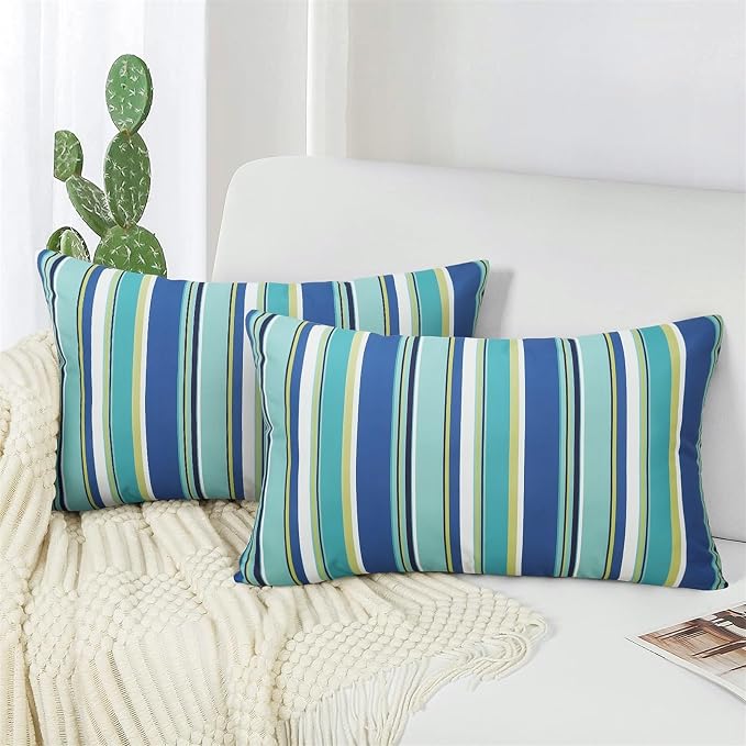 Adabana Patio Striped Outdoor Pillow Covers Waterproof Set of 2, 12"x20" | Colorful Decor, Blue Outdoor Pillows for Patio Furniture Garden Porch