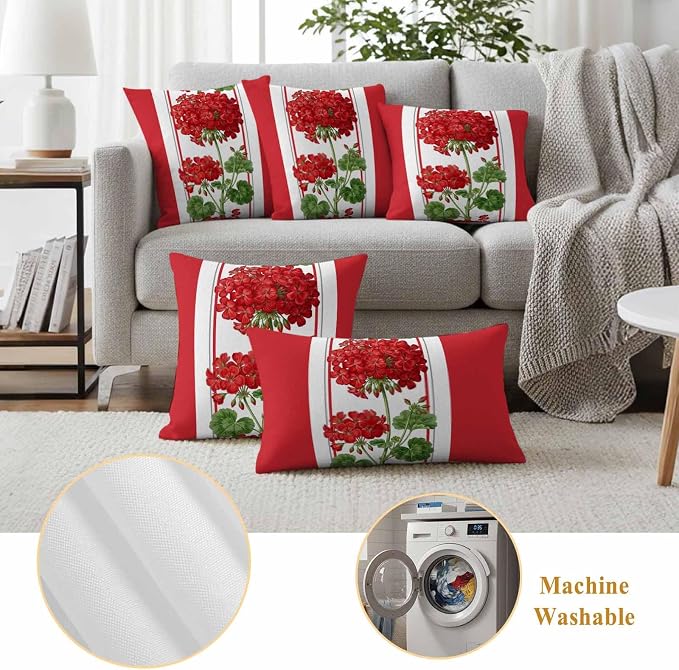 Outdoor Waterproof Pillow Covers Spring Summer Flowers Geranium Decorative Throw Pillow Protectors,Red Geometric Striped Pillowcase Cushion Cases for Patio Sofa Garden Couch,20x12in,Pack of 2