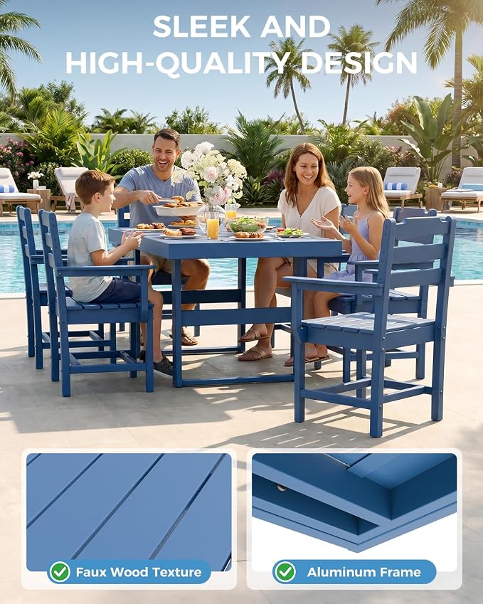 K Knowbody 7-Piece Outdoor Patio Dining Table and Chairs Set, Seats 6 | Steel-Reinforced HDPE, 100 lb/sq ft Load Capacity, 2-Inch Umbrella-Ready Tables, All-Weather, Fade-Resistant, Navy Blue