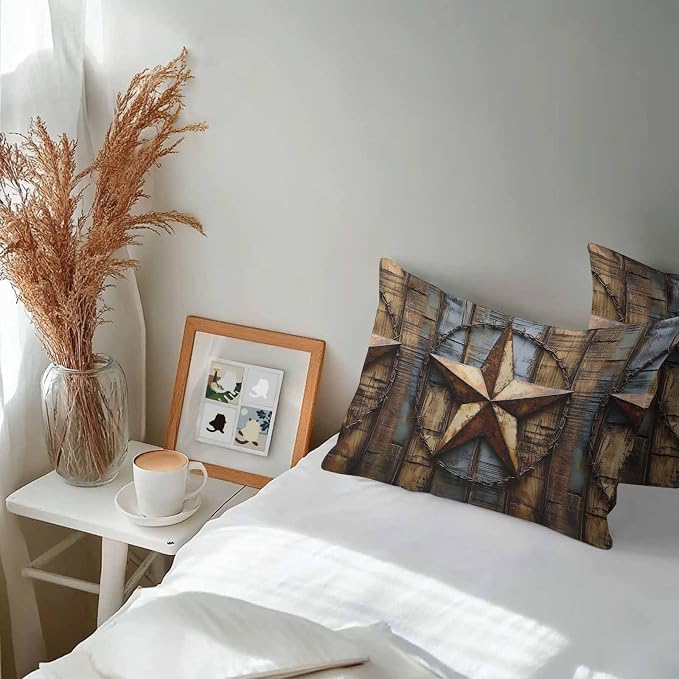 Rustic Star Brown Waterproof Outdoor Pillow Covers Set of 2 Home Decor, Vintage Farmhouse Wooden Grain Art Pillowcase Patio Pillow Covers for Couch Bench Furniture Garden 20x12in