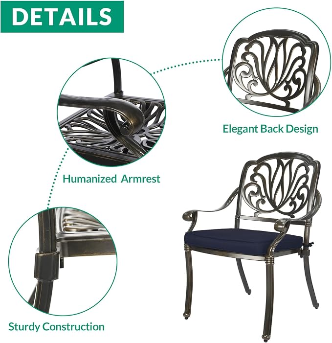 VIVIJASON 9-Piece Patio Furniture Dining Set, Rust-Free Cast Aluminum Outdoor Conversation Set, Include 8 Cushioned Chairs & 61" Round Dining Table with 31" Lazy Susan, Umbrella Hole, Navy Blue