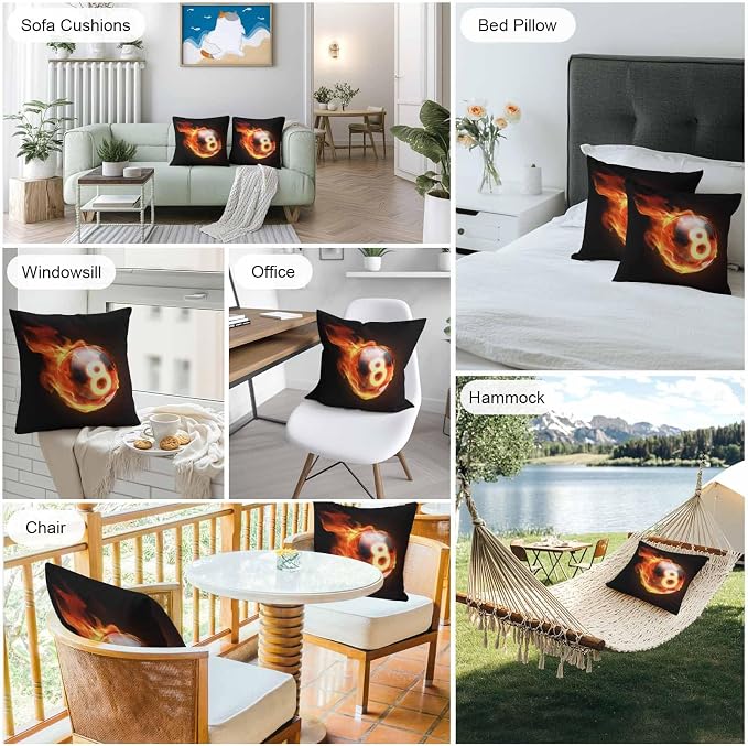 Billiards Outdoor Pillow Covers 24x24 Inch Throw Pillow Covers Set of 2 Waterproof Decorative Pillow Cases Modern Buruning Flame Sport Black Background Cushion Covers for Patio Furniture Garden Couch