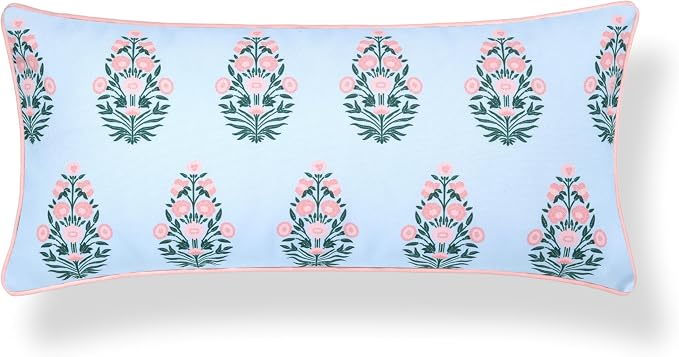 Hofdeco Premium Coastal Grandmillennial Patio Indoor Outdoor Lumbar Pillow Cover Only, 12"x26" Water Repellent for Backyard, Couch, Poolside, Baby Blue Pink Print Flower