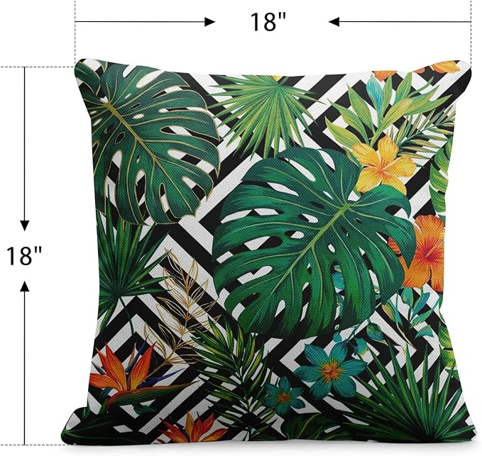 Throw Pillow Covers, Leaf Striped, Set of 2, 18 x 18 Inch | Tropical Botanical Outdoor Waterproof Pillowcase Square Cushion Case Farmhouse Garden Decorative Pillows for Couch