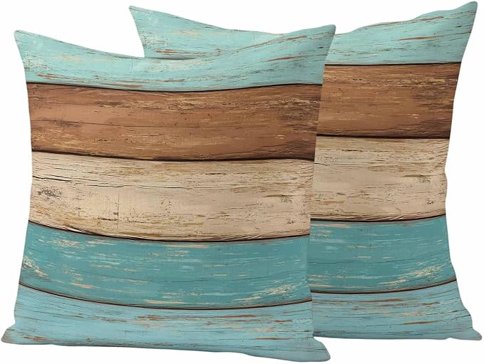 Farmhouse Aqua Brown Outdoor Waterproof Pillow Covers, Vintage Wooden Striped Decorative Square Throw Pillowcase Sofa Cushion Sham for Patio/Couch/Chair, 18"x18" 2 Pack