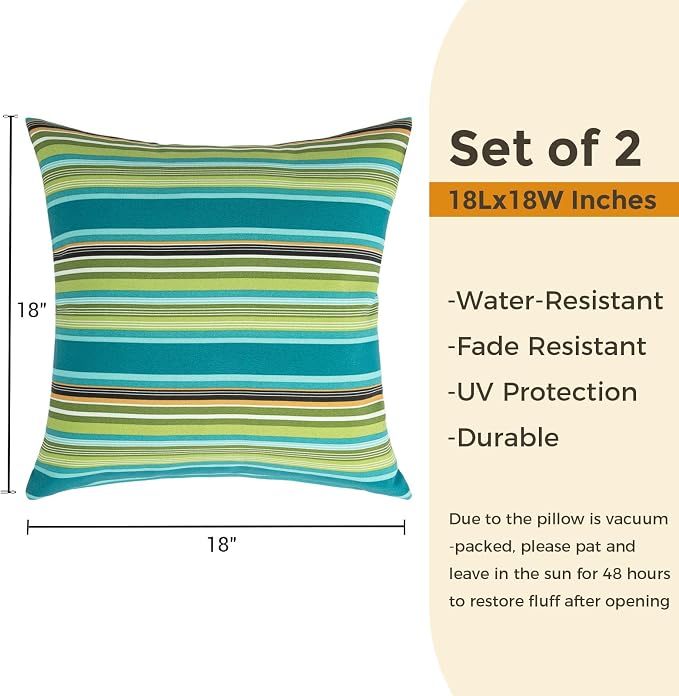 FUNHOME Outdoor Throw Pillows 18x18 inch,Decorative Throw Pillow with Insert Set of 2,Water Resistant Pillow for Patio Furniture Sofa Couch Chair(Green Stripe)