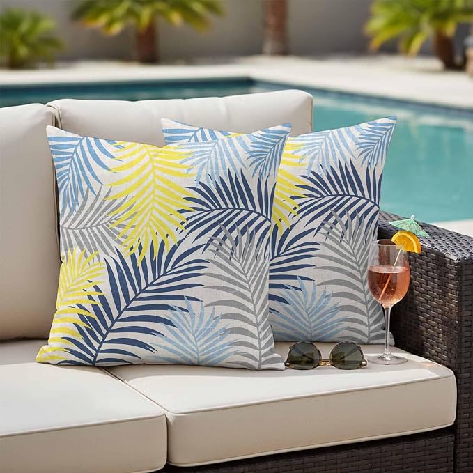 Yellow Blue Palm Leaves Outdoor Pillow Covers 24"x24" Set of 2, Summer Botanical Vintage Tropical Leaf Rustic Waterproof Throw Pillow Covers for Patio Furniture, Decorative Cushion Covers for Porch