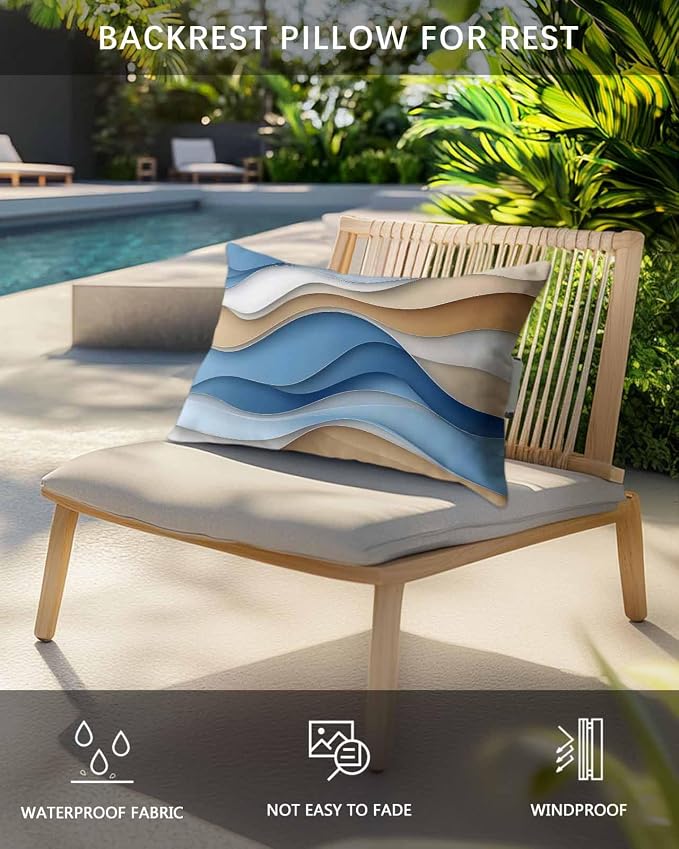 Ombre Blue Cream Outdoor Pillows for Chaise Lounge Chair, Modern Geometric Waterproof Lumbar Head Support Pillow with Adjustable Elastic Band for Pool Patio Furniture Decorative