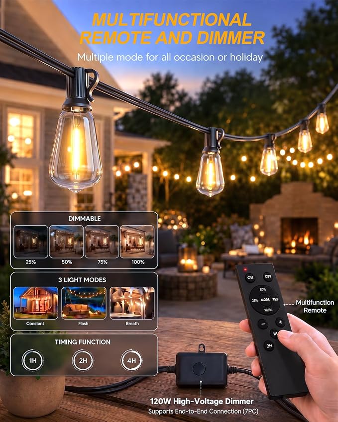 Outdoor String Lights 27FT, 15+2 Shatterproof Bulbs ST38, 1.5FT Spacing, IP65 Waterproof | Dimmable with Remote, Heavy-Duty, Include Screw & Zip Ties for Patio Backyard Holiday Outside