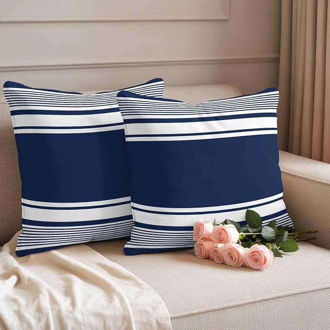 Vandarllin Outdoor Throw Pillows Covers 20x20 inch Set of 2 Waterproof Navy Blue Stripes Decorative Zippered Cushion Covers for Patio Furniture, Striped Lines Lumbar Pillowcases