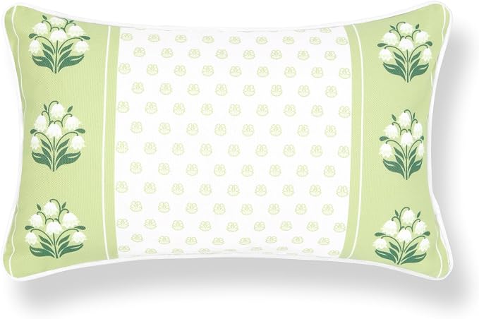 Hofdeco Premium Grandmillennial Coastal Hampton Patio Indoor Outdoor Lumbar Pillow Cover Only, 12"x20" Water Repellent for Backyard, Couch, Poolside, Green Print Block Print Striped Lily of the Valley