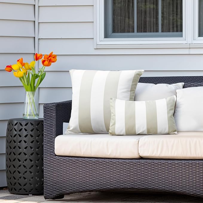 Western Home Pack of 2 Outdoor Waterproof Striped Throw Pillow Covers Beige Grey Decorative Pillowcases Garden Modern Cushion Cases for Patio Tent Balcony Couch Sofa 20x20 Inch | 20x20, Beige Grey,Garden Cushion Covers, Farmhouse Pillowcases for Couch ...