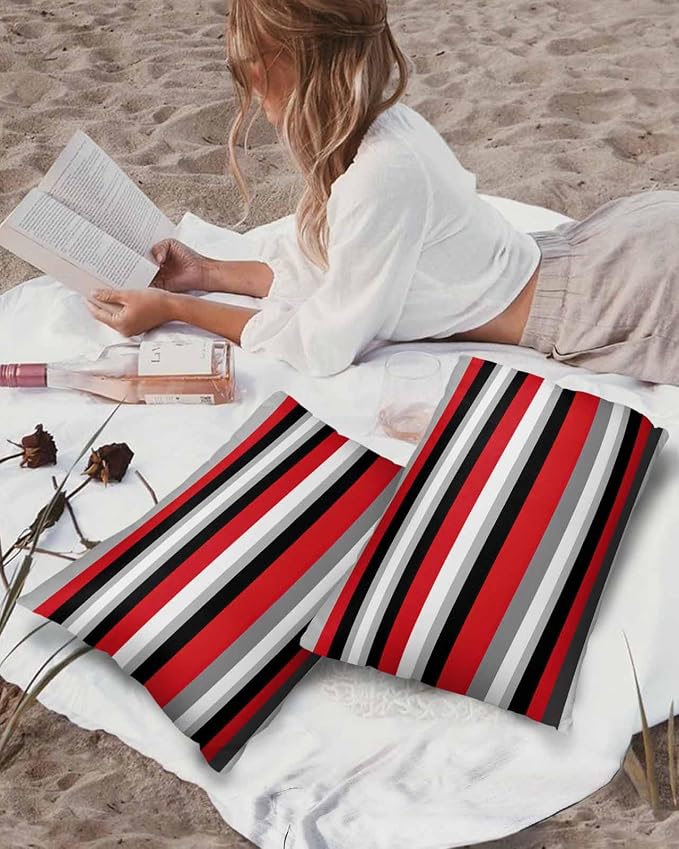 Pack of 2 Red Black Grey Stripes Outdoor Pillow Waterproof Covers 20x12 inch, Geometric Mexican Style Polyester Throw Pillow Covers Garden Cushion Decorative Case for Patio Couch Decoration