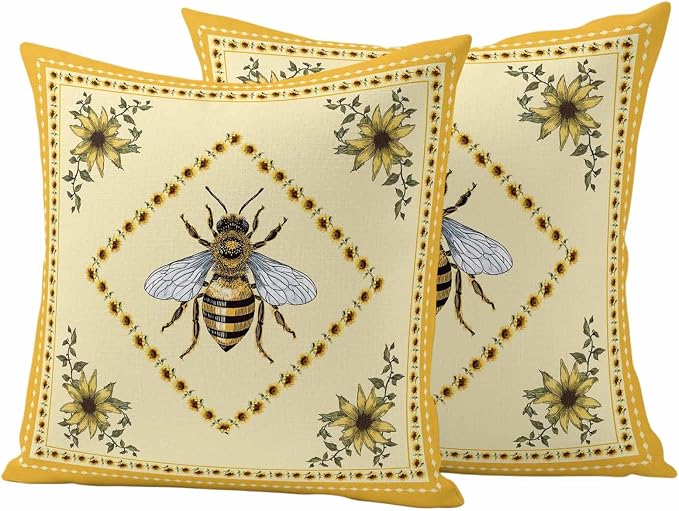 Sunflowers and Bee Outdoor Pillow Covers Set of 2, Farmhouse Retro Floral Decorative Waterproof Throw Pillow Case, Animal Honeybee Cushion Pillowcases for Couch Garden Patio 20x20In